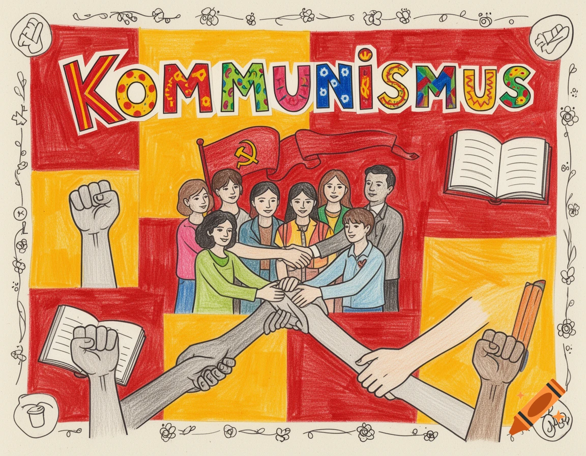 An 8th-grade style illustration about Communism, featuring the word "Kommunismus", people holding hands, raised fists, books, and hammer and sickle flags.