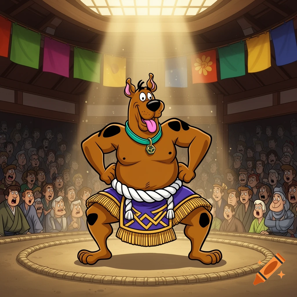 Scooby-Doo, dressed as a sumo wrestler, stands in a ring before a cheering cartoon crowd.