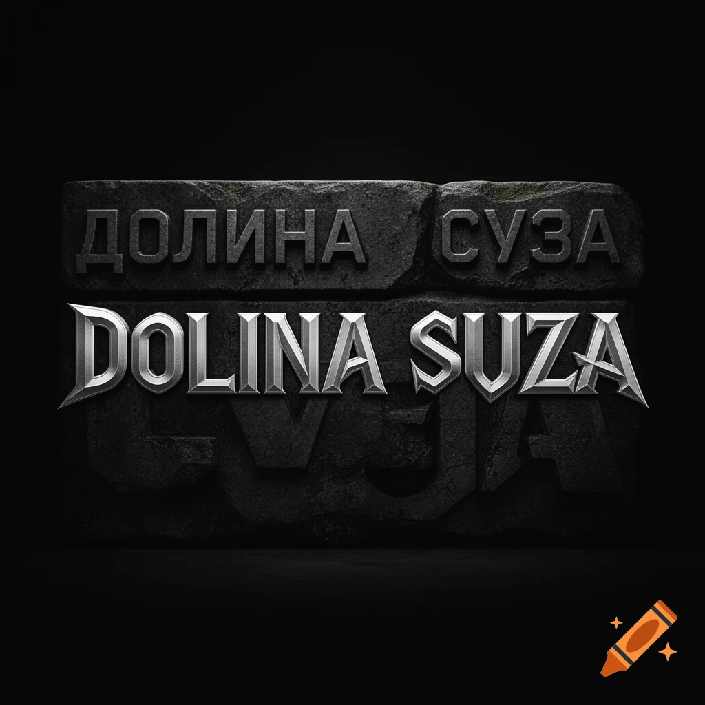 Epic dark album art with 'DOLINA SUZA' in chiseled silver, layered over 'ДОЛИНА СУЗА' carved in weathered stone on a black background.