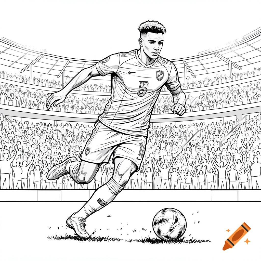 Black and white coloring page illustration of a male soccer player dribbling a ball in a stadium, with a crowd in the background.