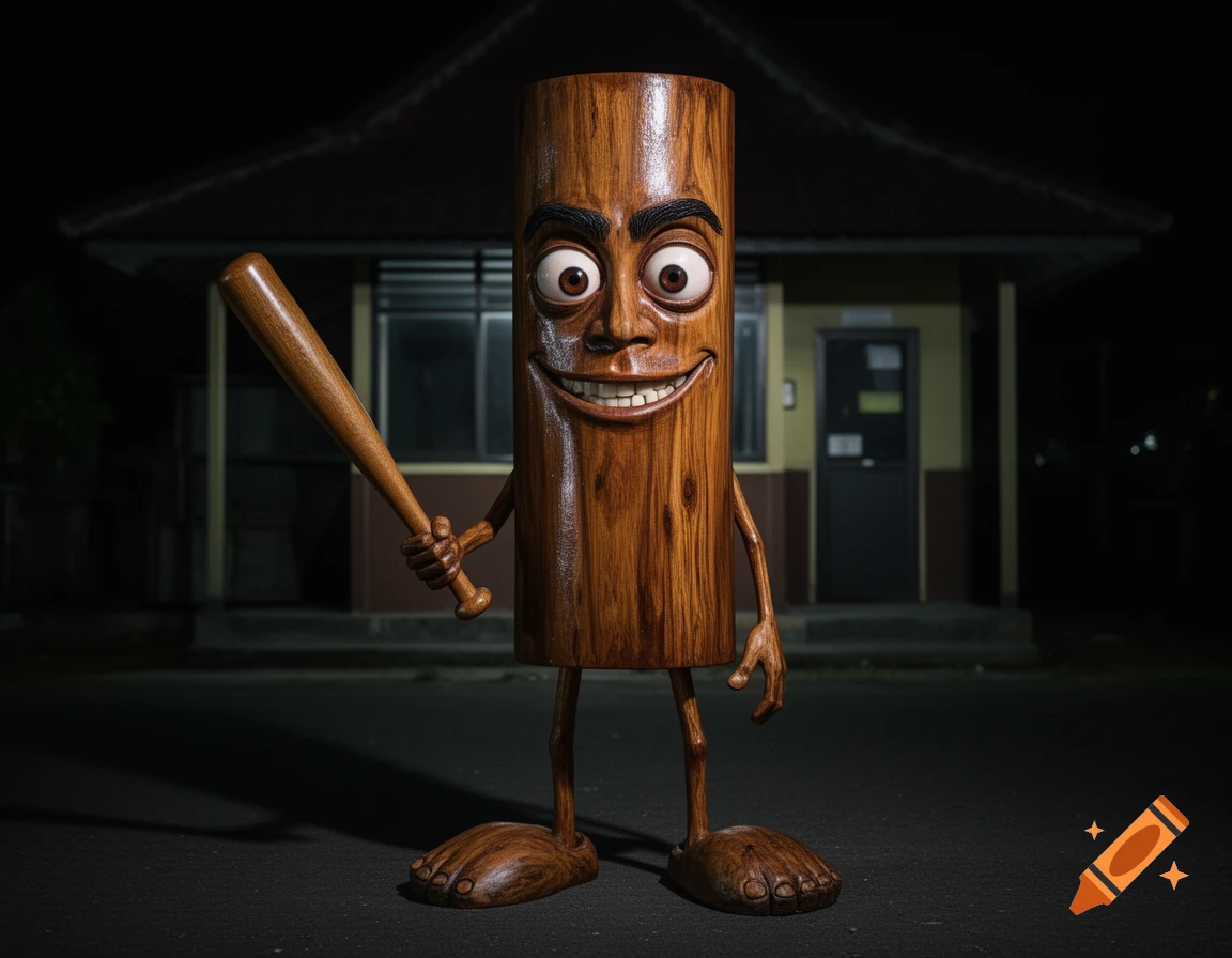 A surreal, photorealistic wooden cylindrical character with a cynical smile and wide eyes, holding a baseball bat at a dark night watch post.