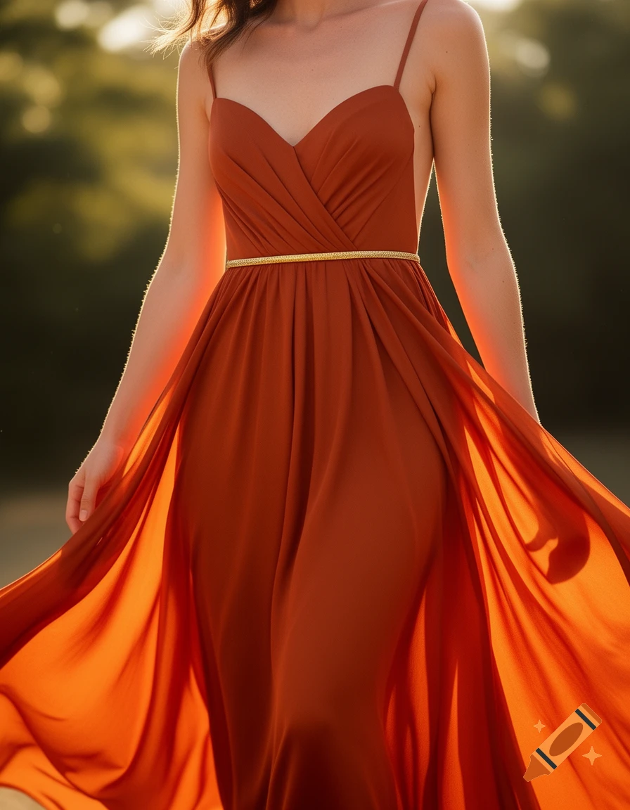 Woman in a flowing burnt orange dress with a golden belt, walking outdoors in soft golden light.