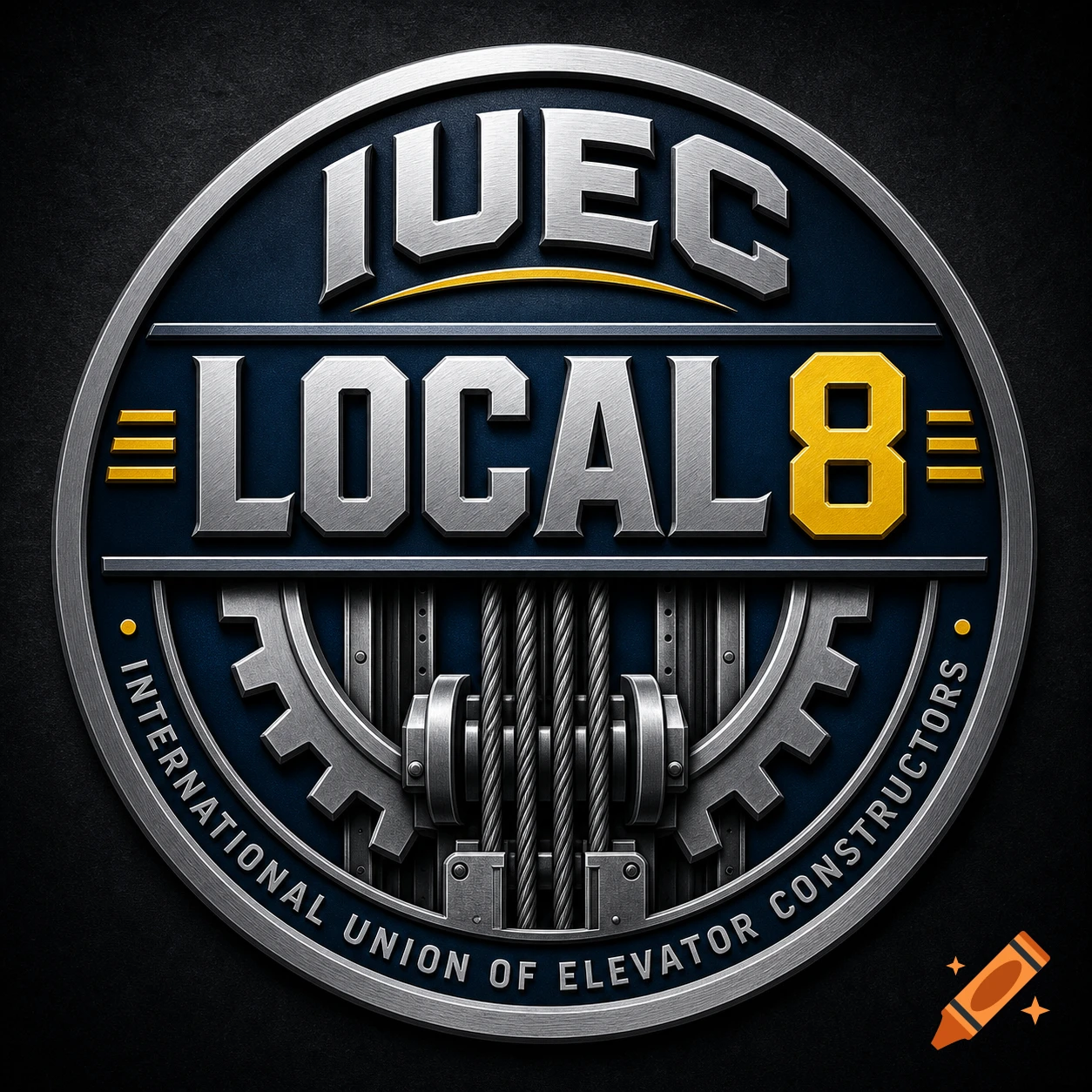 A metallic circular logo for IUEC LOCAL 8, International Union of Elevator Constructors, featuring gears and cables.