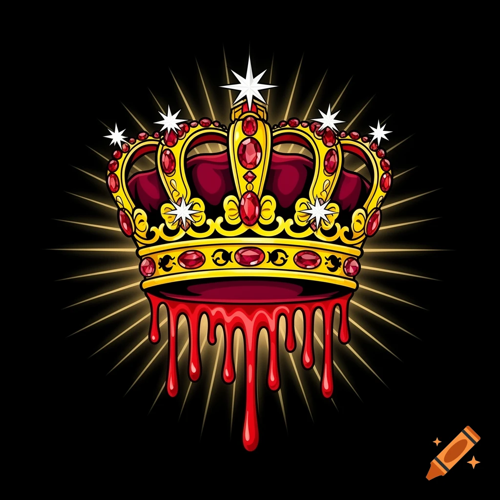 A stylized gold and red royal crown, adorned with rubies and starbursts, drips red liquid against a black background with golden rays.