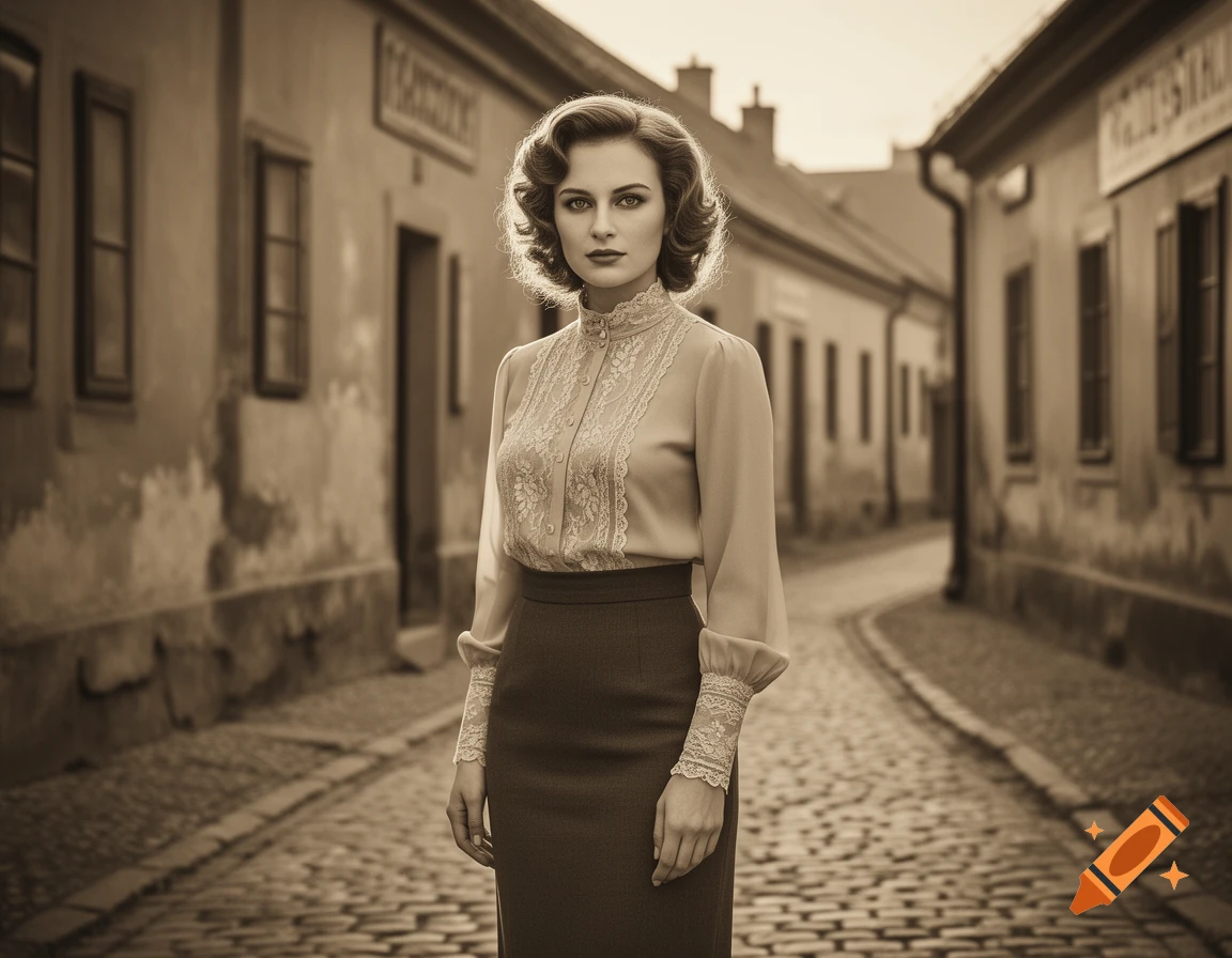 A photorealistic sepia-toned image of a woman in vintage clothing standing on a cobblestone street in an old town.