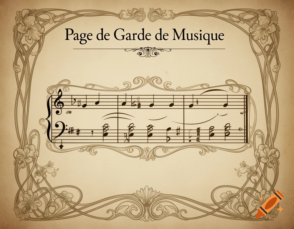 A vintage-style music title page with ornate Art Nouveau floral borders and musical notation.