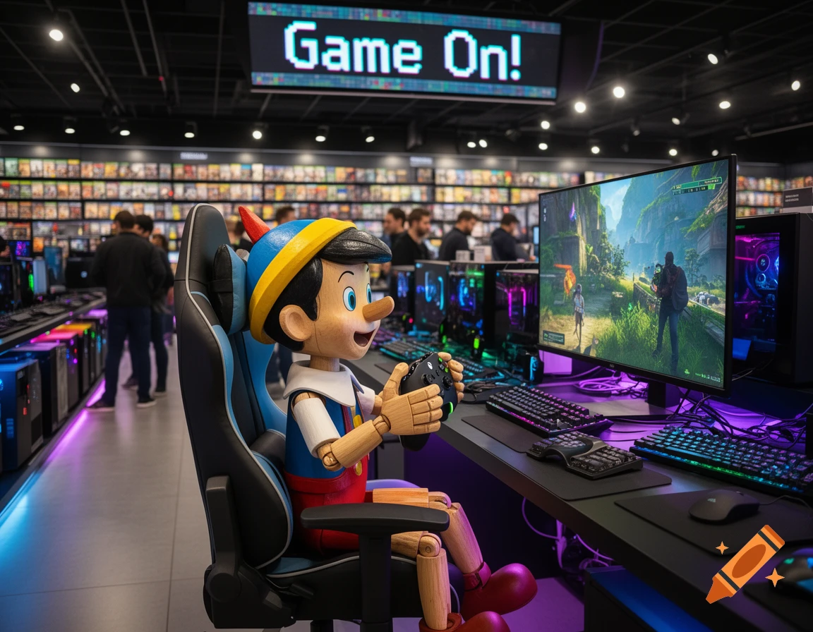 A photorealistic image of Pinocchio playing an Xbox in a brightly lit game store, with a "Game On!" sign overhead.