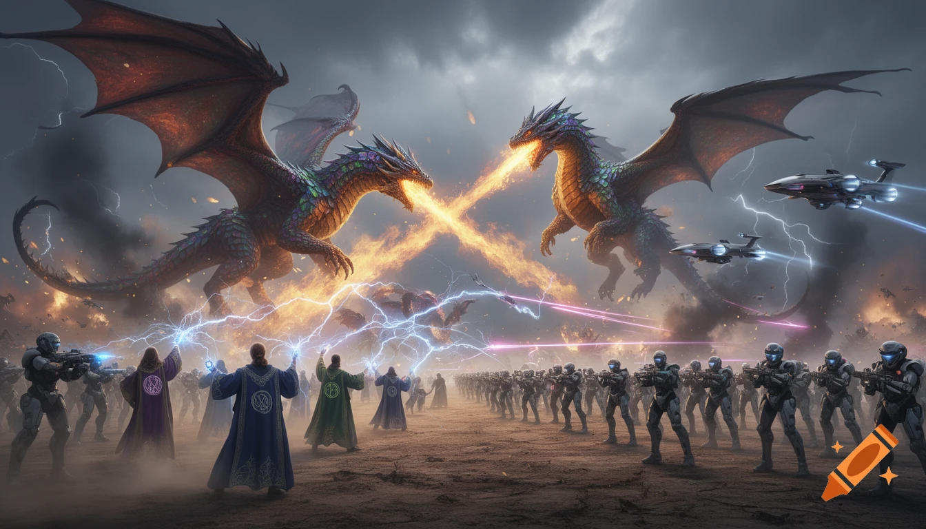 Two dragons clash mid-air, breathing fire as wizards cast spells and sci-fi soldiers with spaceships engage in a massive desert battle.