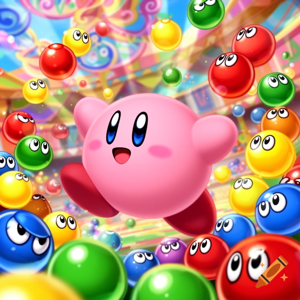 Kirby, a pink cartoon character, floats amidst many colorful Puyo-like blobs with faces, against a vibrant, festive background.