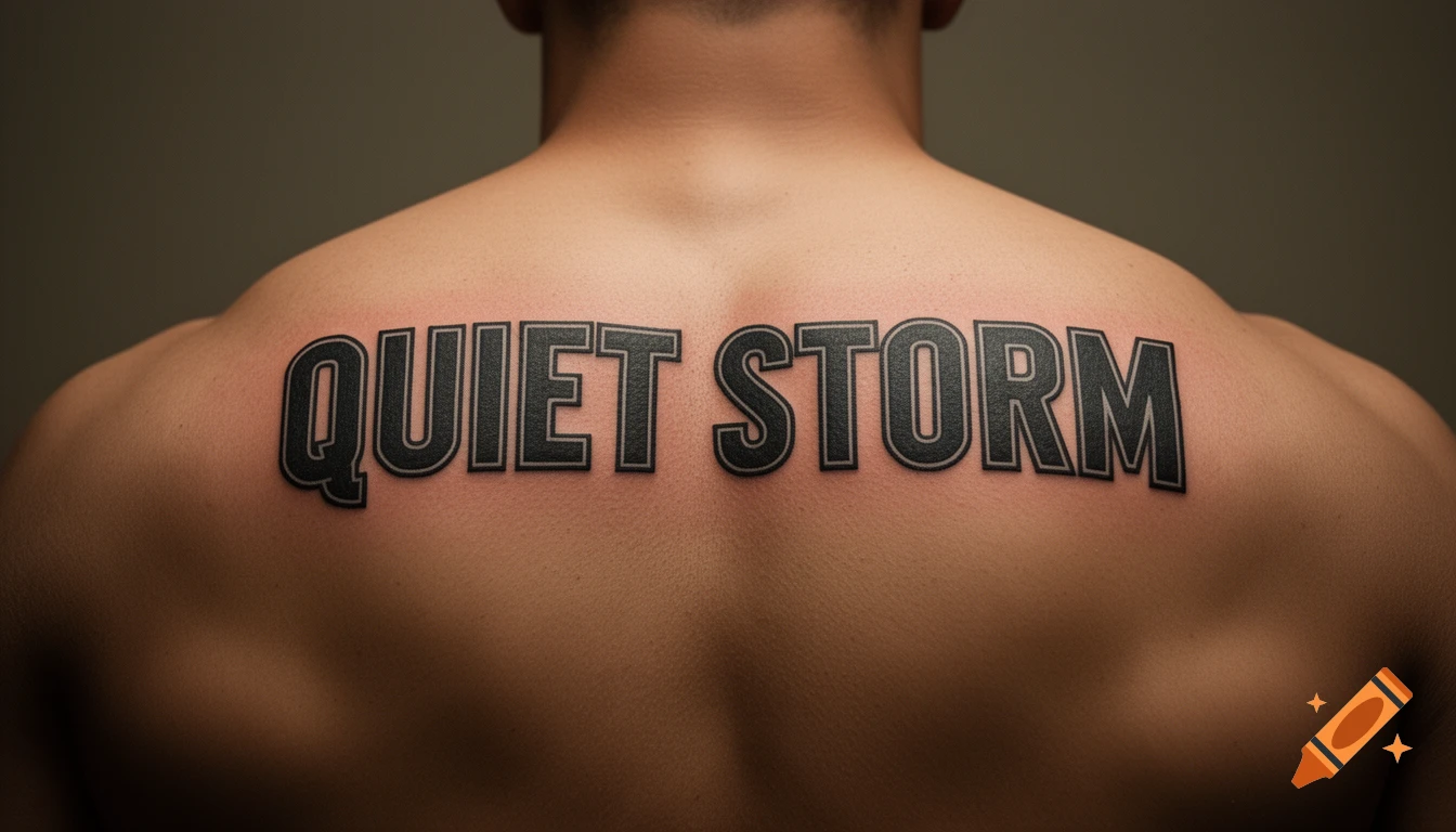 Close-up of a person's muscular upper back, revealing a large "QUIET STORM" tattoo in a bold, outlined font across the shoulders.