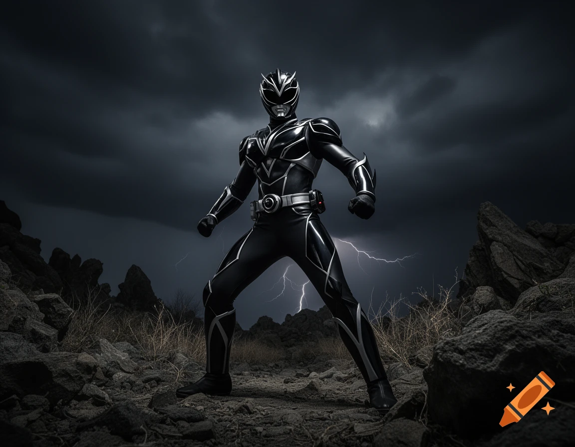 A black and silver armored Power Ranger-like figure stands in a rocky landscape under a dark, stormy sky with lightning.