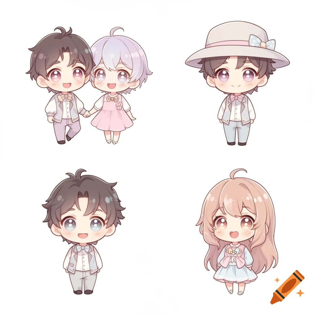 Four kawaii chibi characters: a couple holding hands, a boy with a hat, a boy without a hat, and a girl with long hair, on a white background.