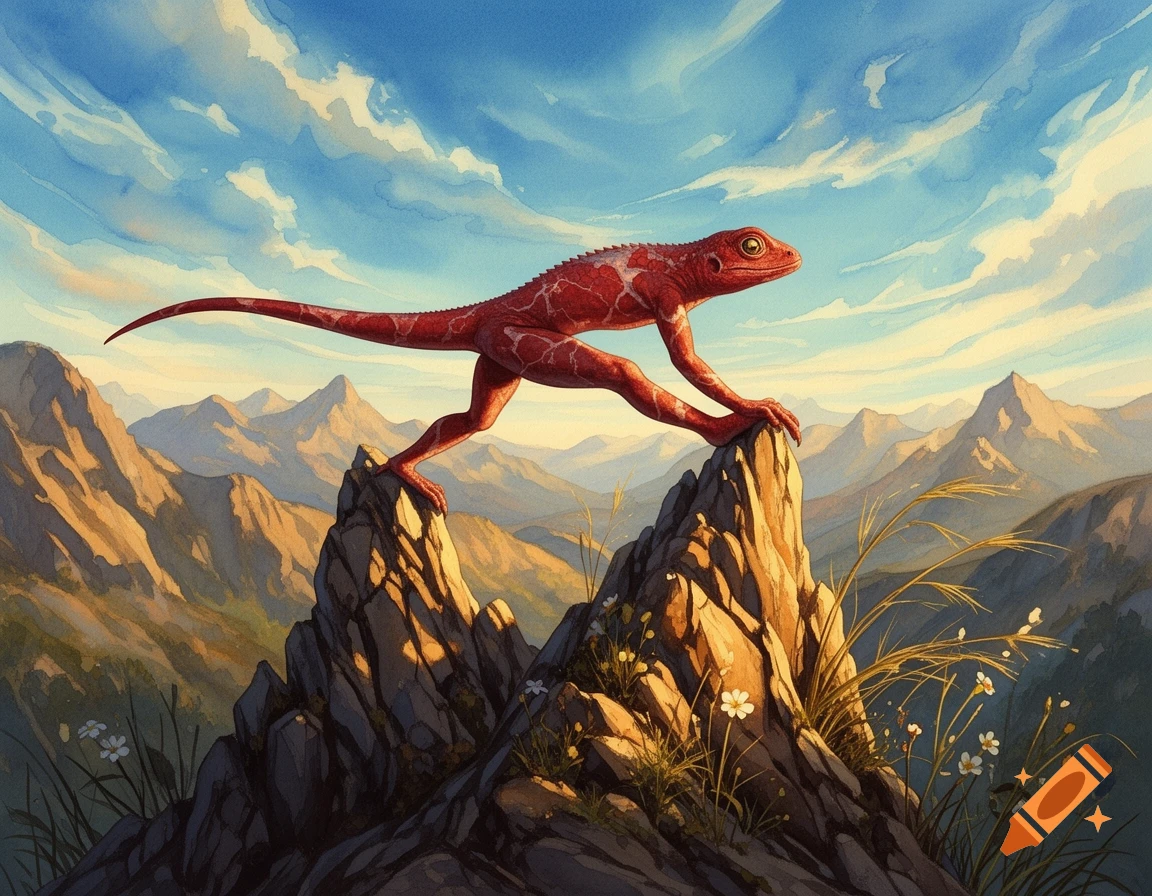 A red lizard in a warrior yoga pose balances on a mountain peak, overlooking a valley of mountains under a blue sky. Painted.