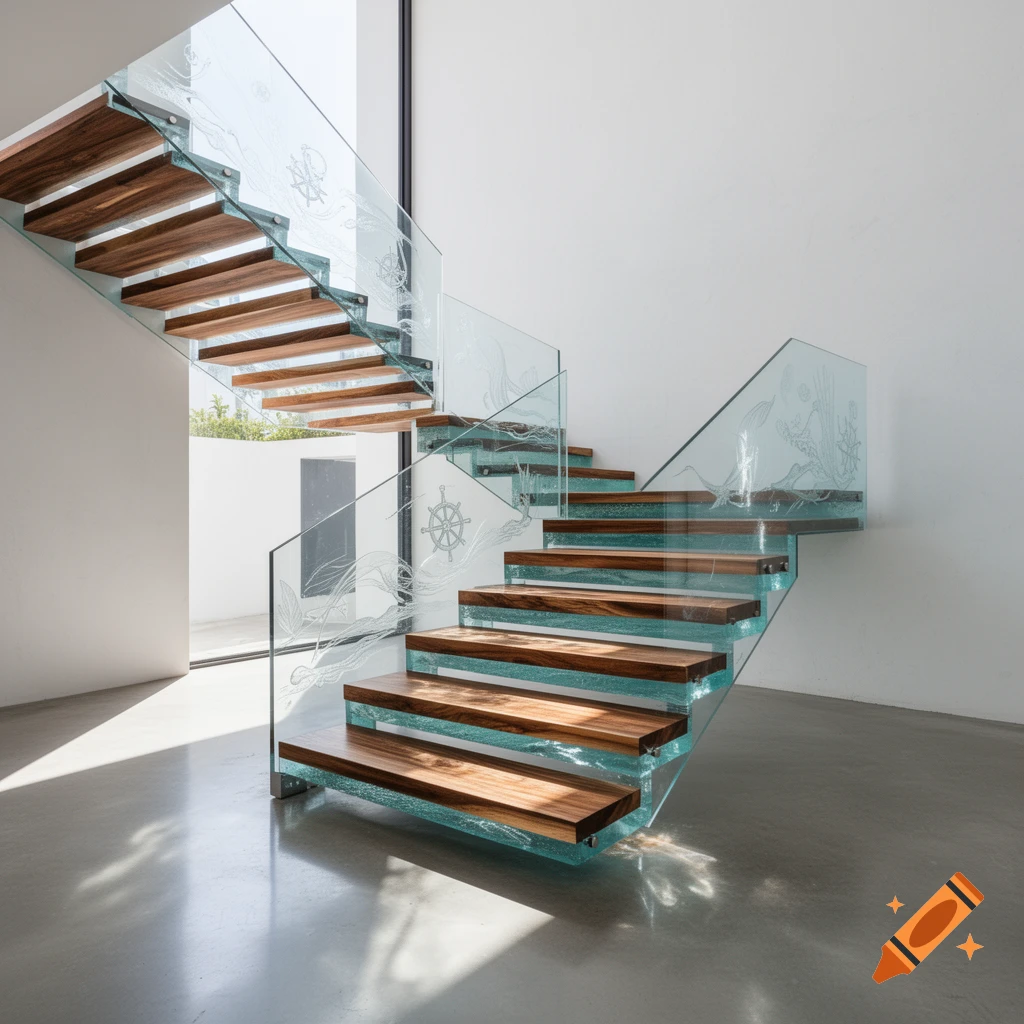 A modern floating staircase features dark wood treads with a clear blue epoxy layer and glass railings etched with maritime designs in a bright interior.