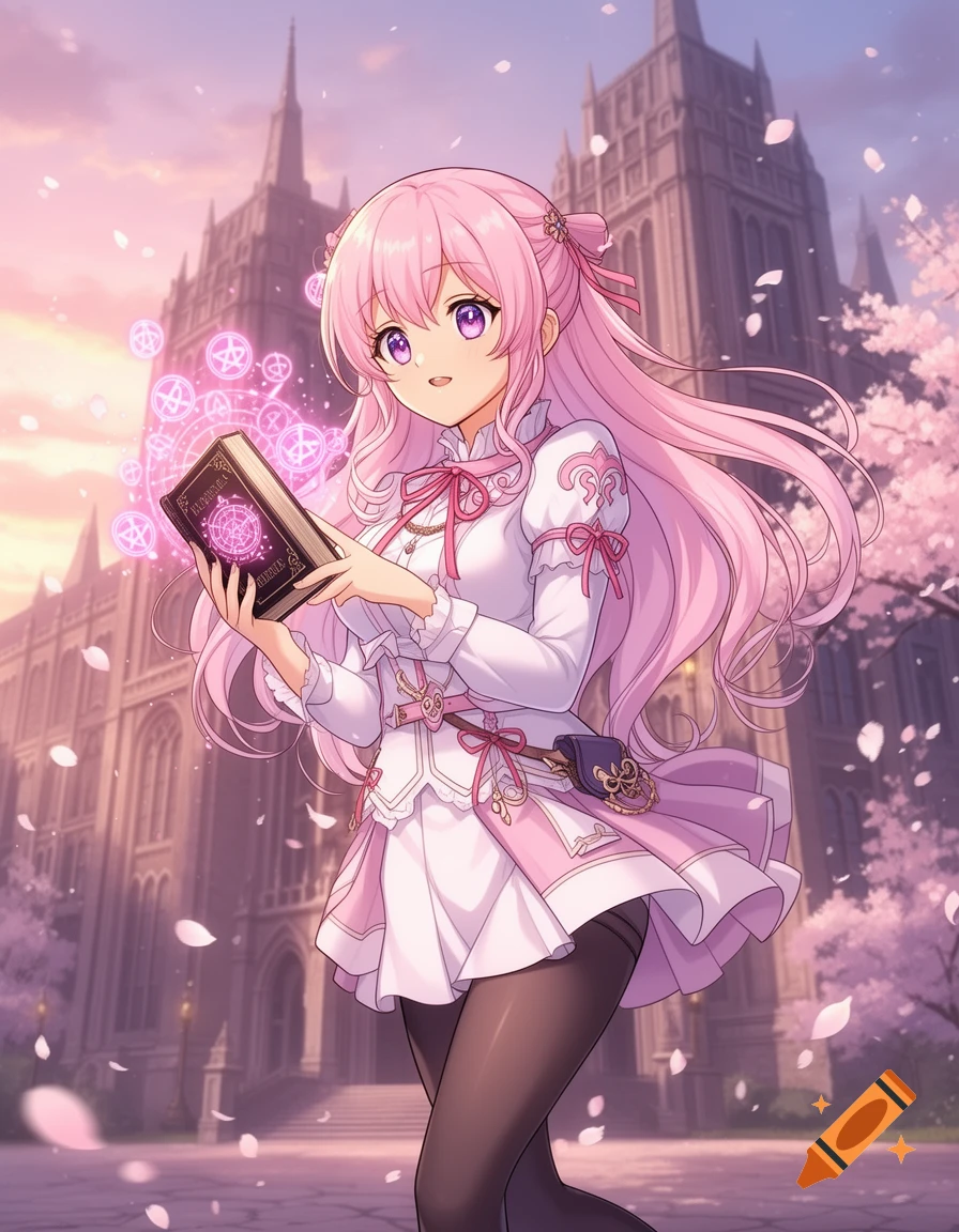 Anime girl with pink hair holds a glowing spellbook with magical symbols, surrounded by cherry blossoms near a gothic academy at sunset.