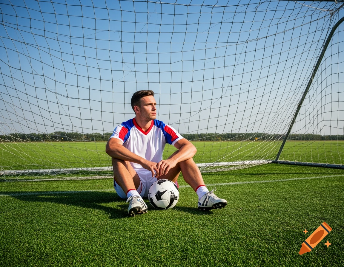 A photorealistic image of a male football player sitting on a green field in front of a goal net, a soccer ball next to him.