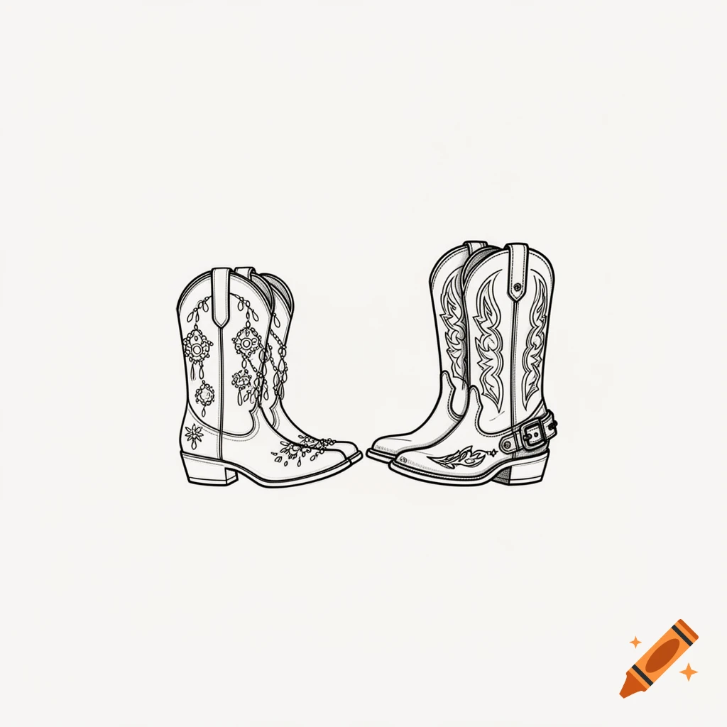 Minimalist outline drawing of two pairs of cowboy boots, one ornate with dangling charms and the other with a buckle design.