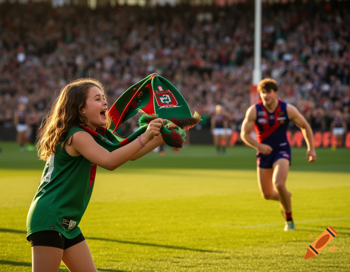 A young girl with long brown hair cheers enthusiastically, holding up a green and red scarf at a sports stadium. A blurred male athlete runs in the background.