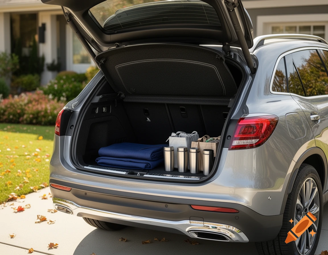 A silver SUV's open trunk reveals a blue blanket, four silver tumblers, and tote bags, parked on a driveway with fallen leaves.