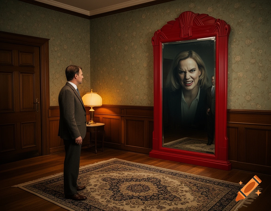 A man in a suit stands in a traditional room, gazing into a large red-framed mirror that reflects an angry woman's face.