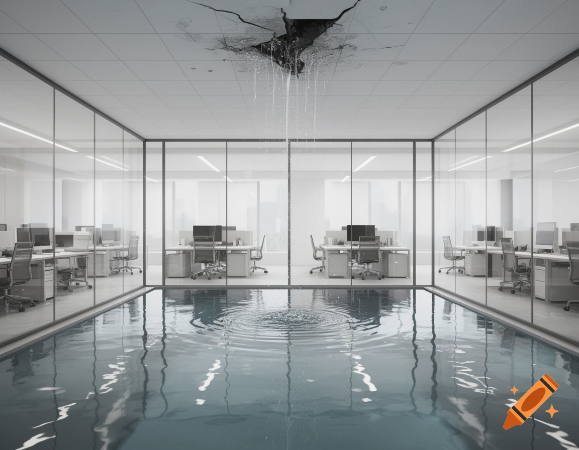 Photorealistic image of a modern office space flooded with water from a large leak in the damaged ceiling, creating ripples.