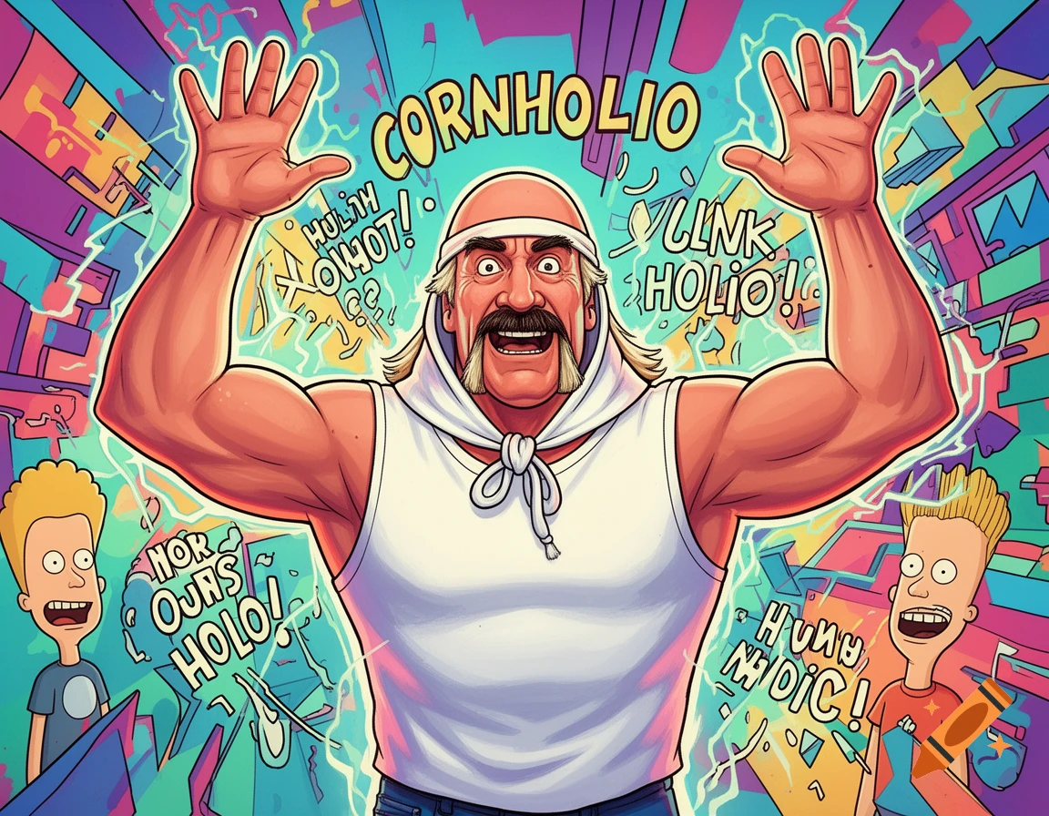 A stylized cartoon illustration featuring a muscular Hulk Hogan with a bandana, posing as Cornholio from Beavis and Butt-Head, surrounded by abstract, colorful shapes and cartoon characters resembling Beavis and Butt-Head.