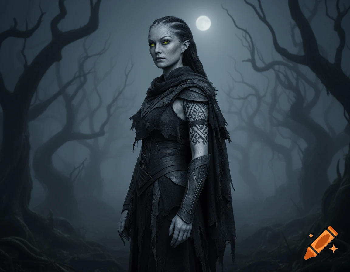 A dark fantasy character with grey skin, yellow eyes, and an arm tattoo in a tattered black outfit, standing in a misty, moonlit forest.