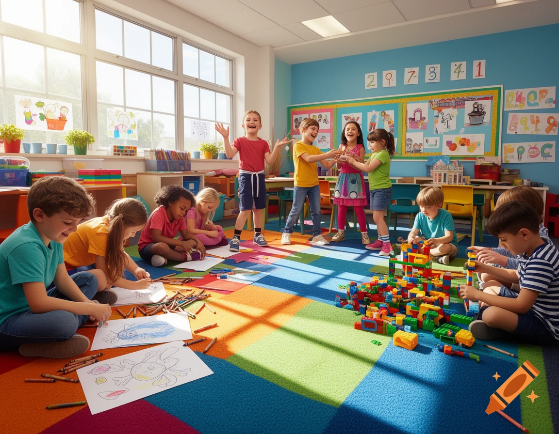 Children play and draw on a colorful rug in a bright classroom with large windows, some building blocks, and others coloring.