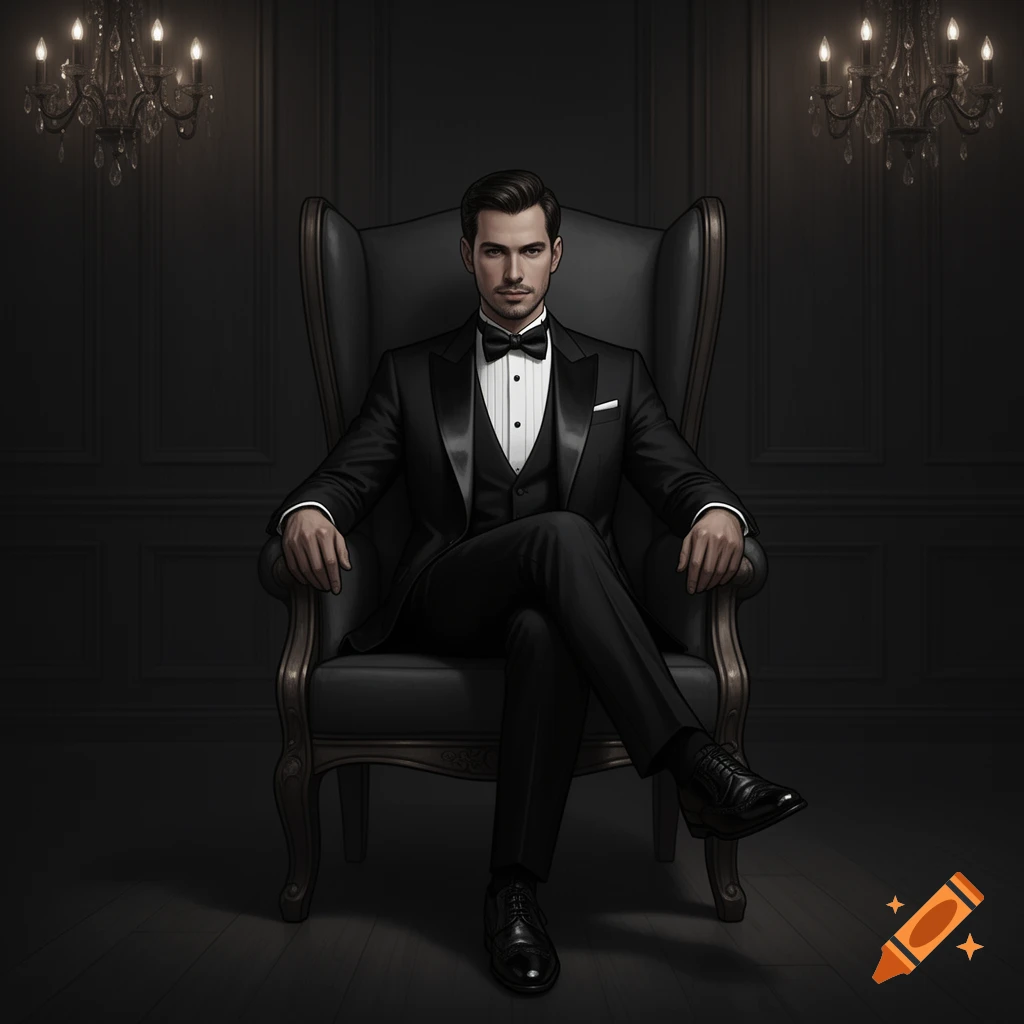A well-dressed man in a black tuxedo and bow tie sits formally in a dark, ornate armchair in a dimly lit, luxurious room with chandeliers.