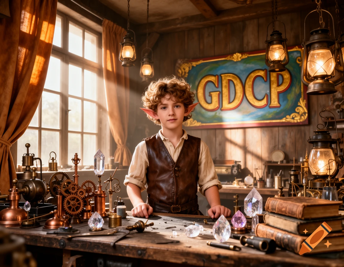 A young boy with elf ears and curly hair stands in a detailed steampunk-style workshop with gears, crystals, and lanterns, a sign with 'GDCP' in the background.
