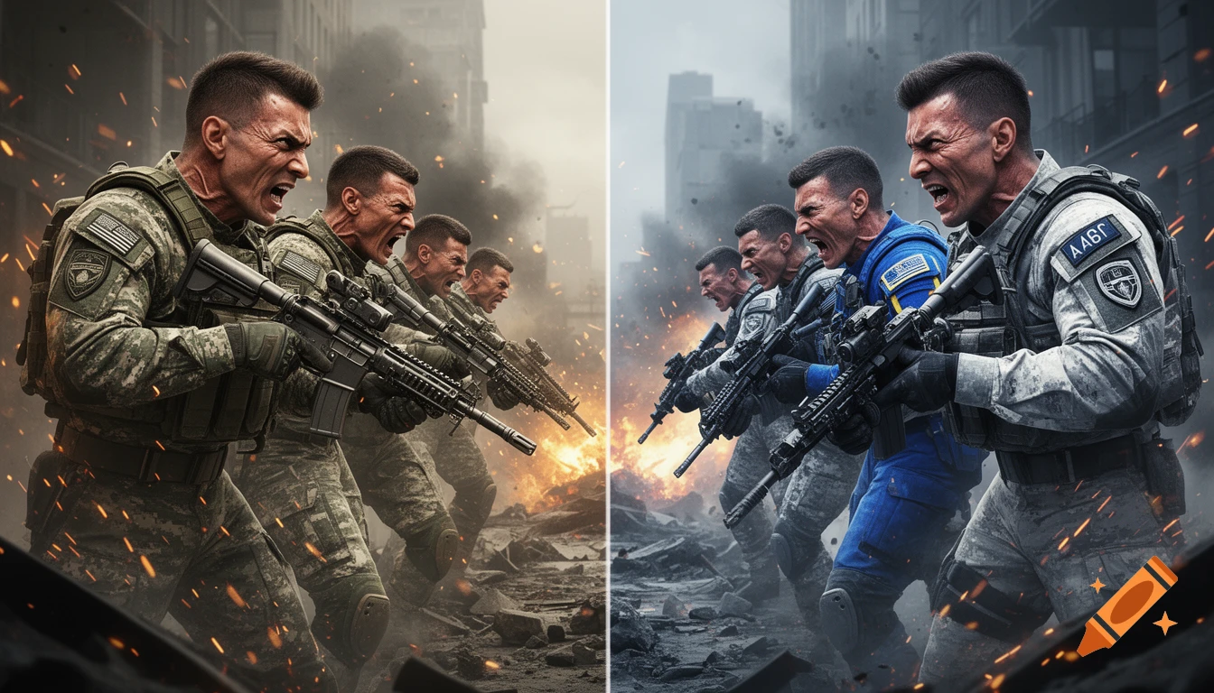Two rows of angry soldiers with assault rifles charge forward in a devastated city with explosions, depicting a military game cover art style.