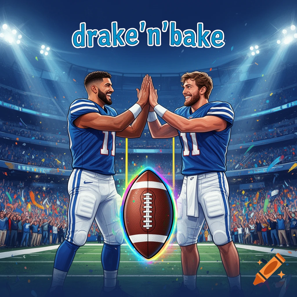 Two football players high-fiving in a stadium, with a glowing football and the text 'drake'n'bake' above them, digital art.