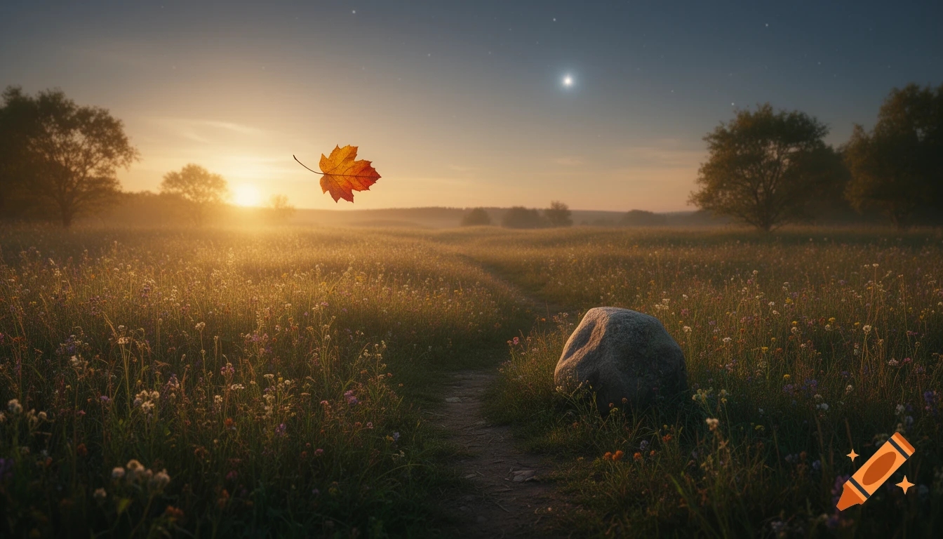 A vibrant orange autumn leaf floats above a golden sunlit meadow with a winding path, a prominent rock, and a bright star in the twilight sky.