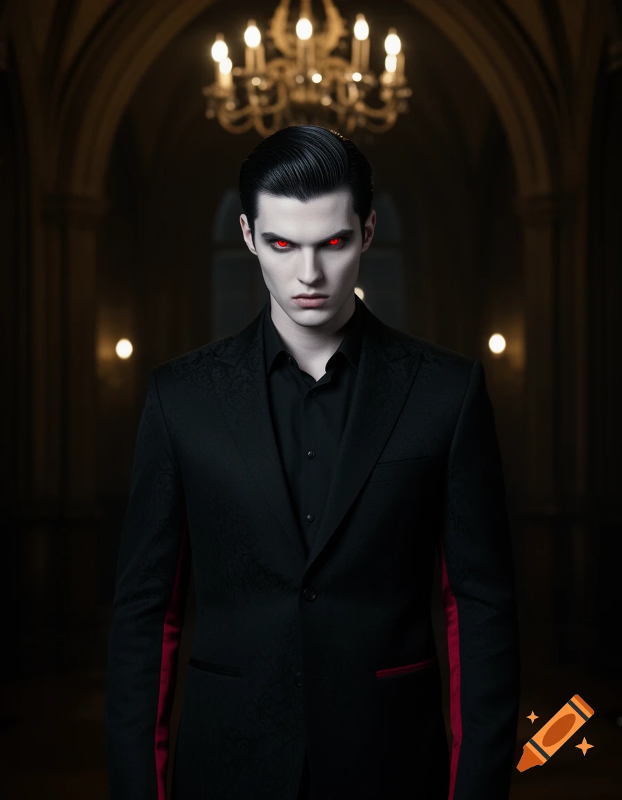 Photorealistic portrait of a pale man with red eyes and slick black hair, wearing a black suit with red lining, standing in a dark, grand hall beneath a chandelier.