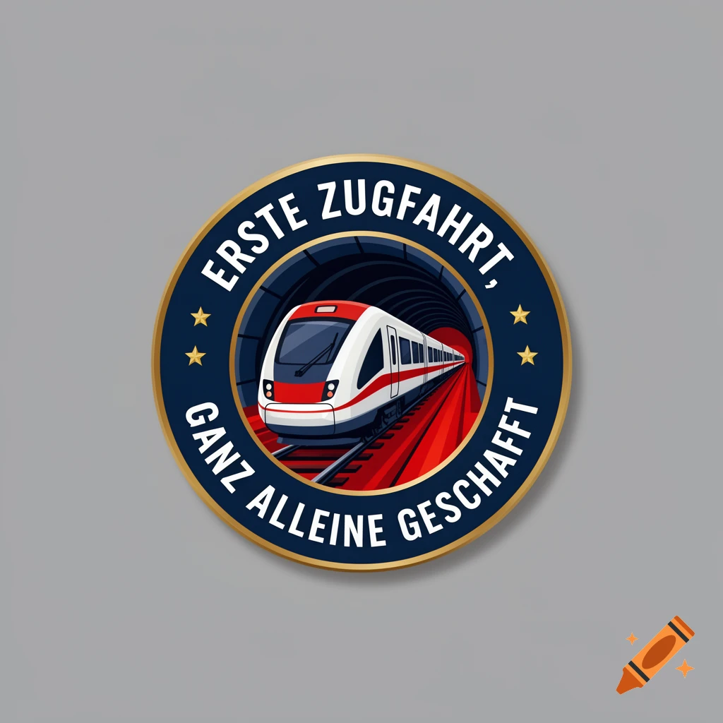 A round explorer badge pin for kids, featuring a modern train emerging from a tunnel, with text 'Erste Zugfahrt, ganz alleine geschafft'.