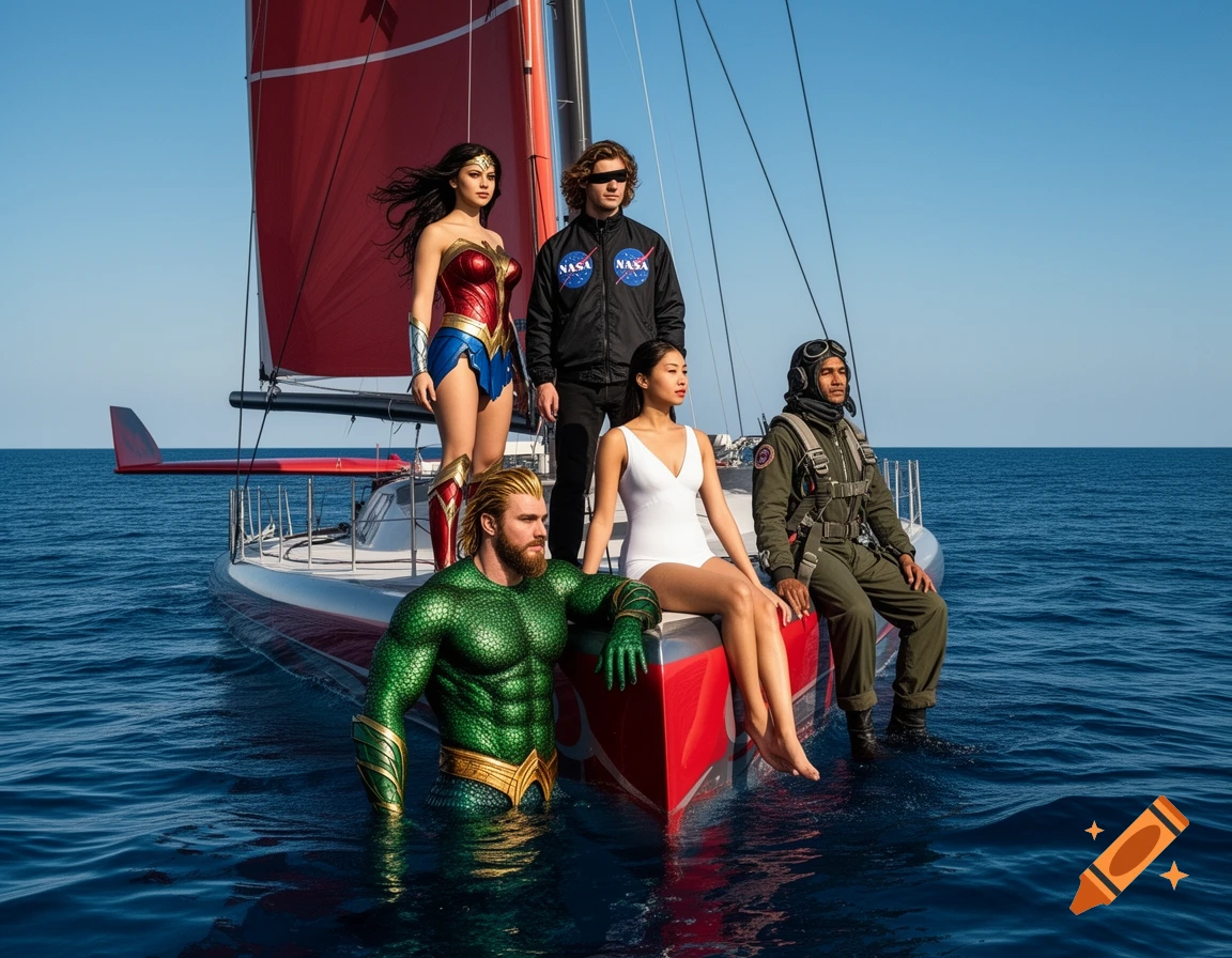 Wonder Woman, Aquaman, and three other individuals in various outfits pose on a red and silver catamaran in the deep blue sea.