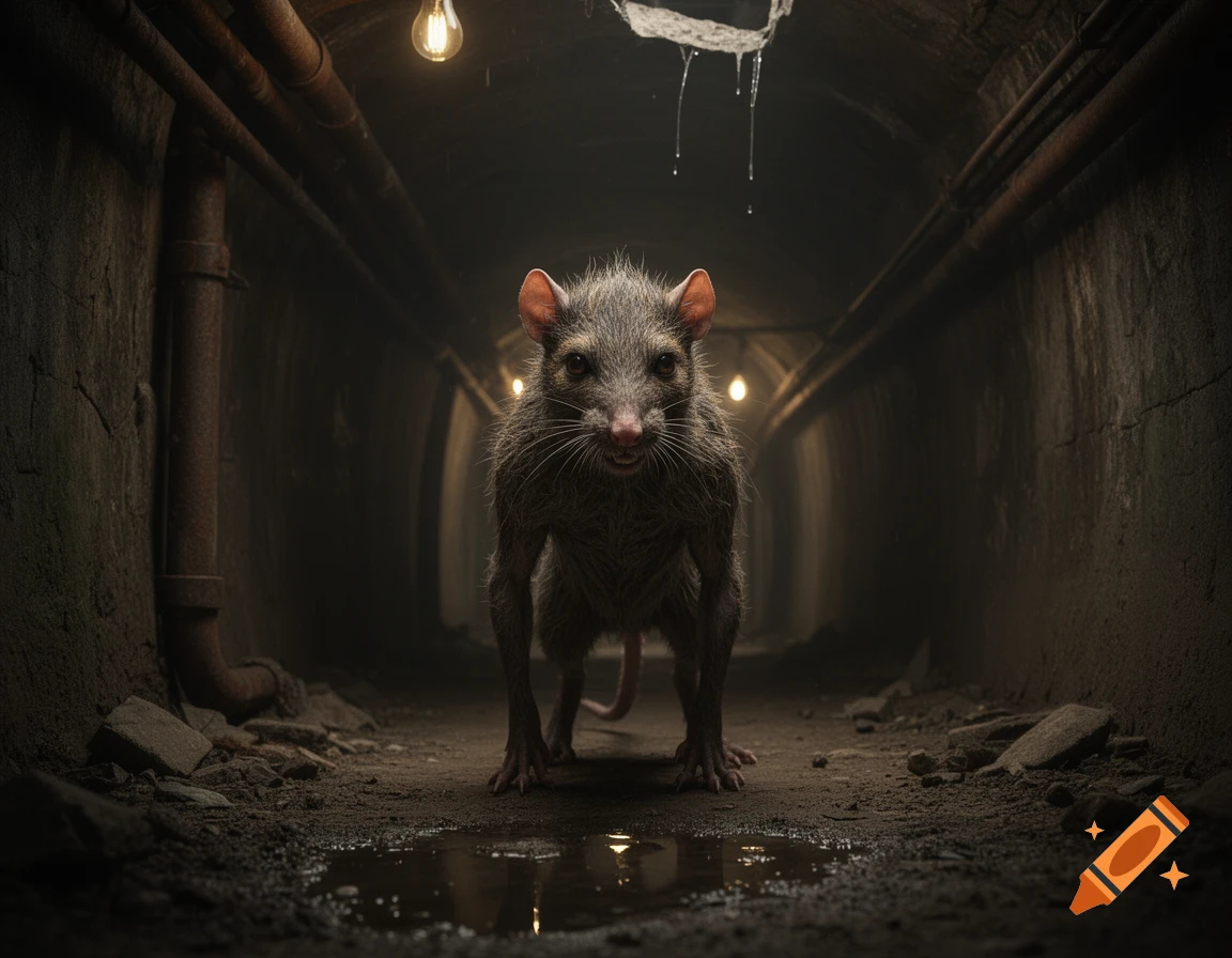 A bipedal wererat stands in a dark, dimly lit concrete tunnel with water dripping from the ceiling and pooling on the ground.