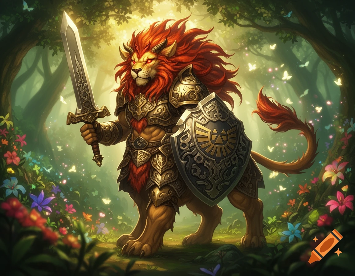 A fierce lion-like Lynel in golden armor with a fiery mane stands in a magical forest, wielding a sword and shield.