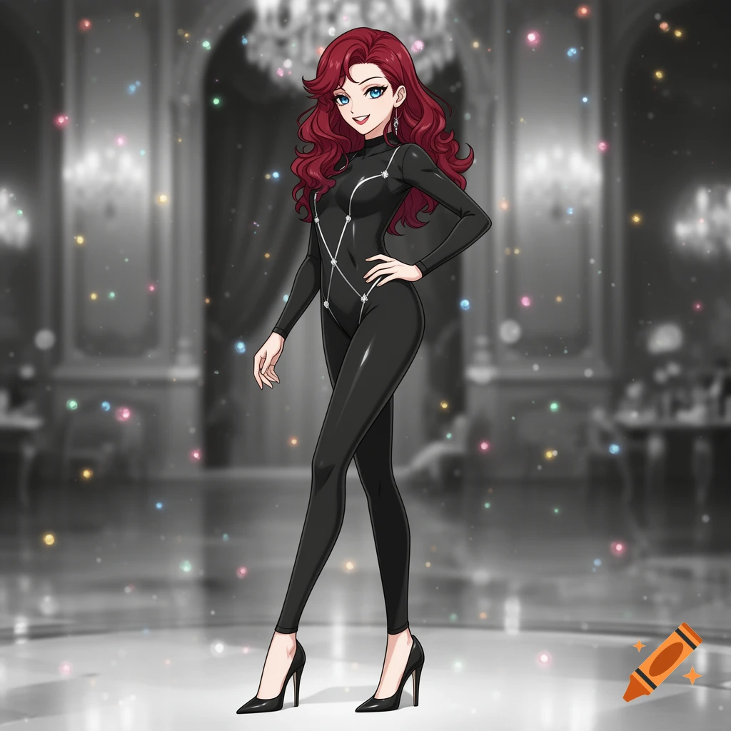 Anime woman with red hair in a shiny black catsuit with silver accents, standing in an elegant, sparkling hall.