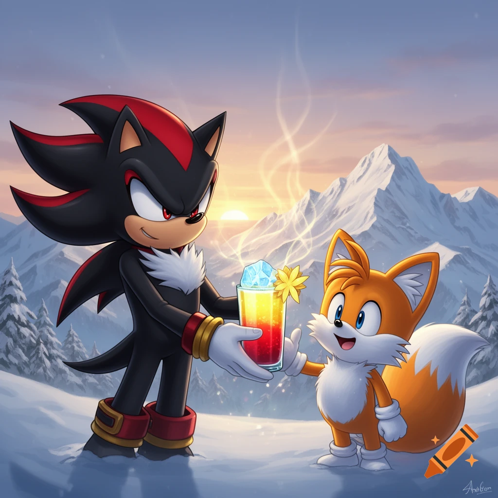 Shadow the Hedgehog gives a colorful, steaming drink with ice to Tails in a snowy mountain landscape at sunset.