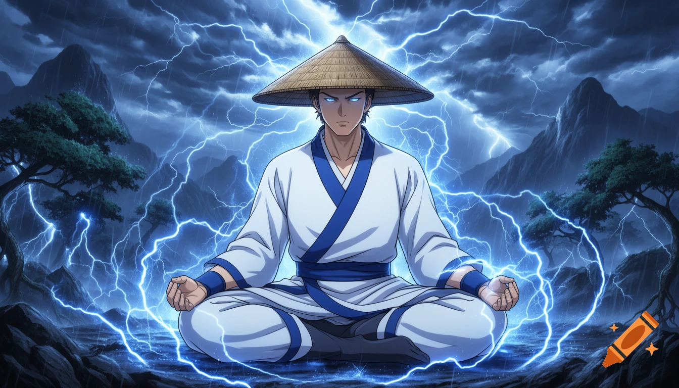 Anime man in conical hat meditating as blue lightning surges around him against a stormy mountain background.