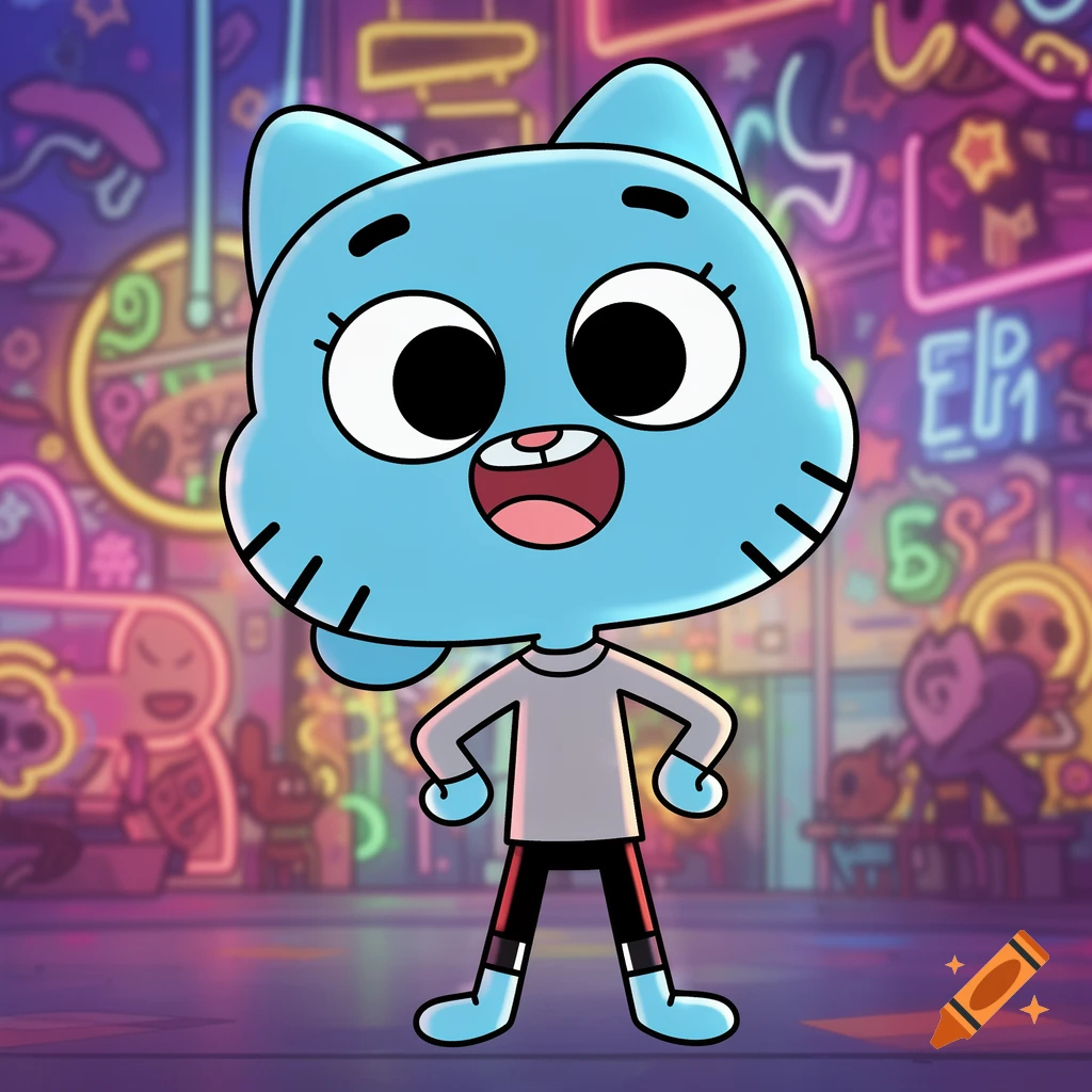 A cartoon blue cat-like character with large eyes and a wide smile, wearing a gray shirt and black pants, standing in a neon-lit city background.