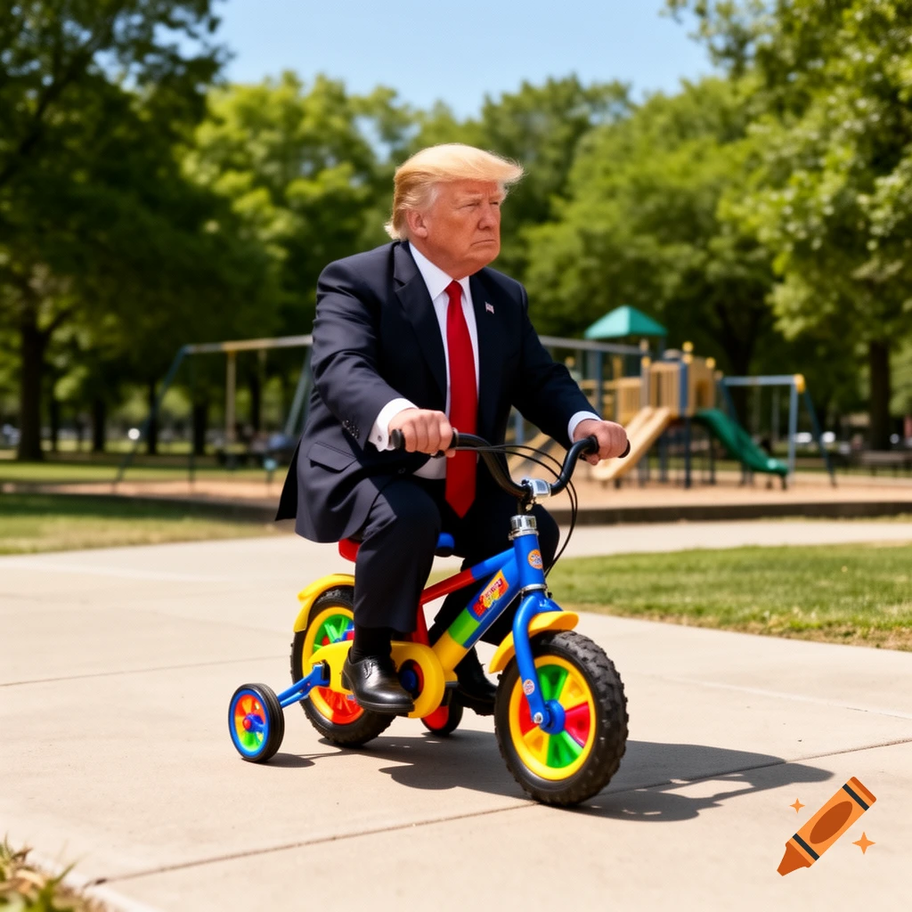 Photorealistic image of Donald Trump in a suit riding a colorful child's bicycle with training wheels in a park.