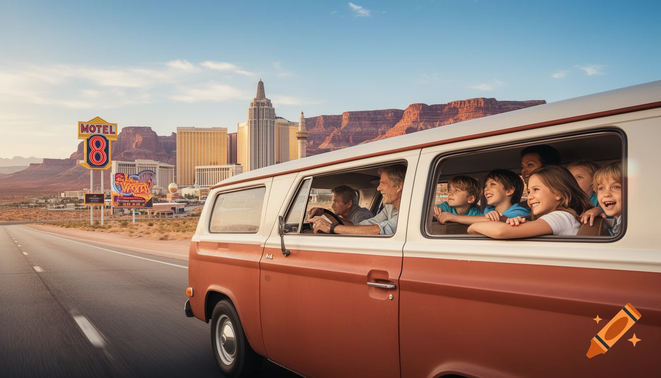 A family of six, including four children, smile from a brown and white van on a desert road with Las Vegas buildings and mountains in the background.