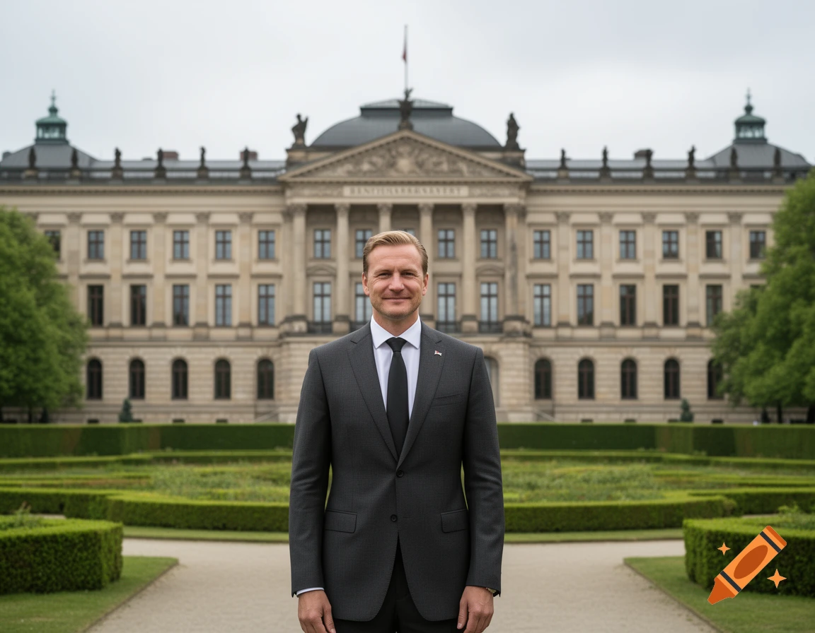 A man in a dark suit smiles, standing in a formal garden in front of a grand classical building with a flag on its roof.