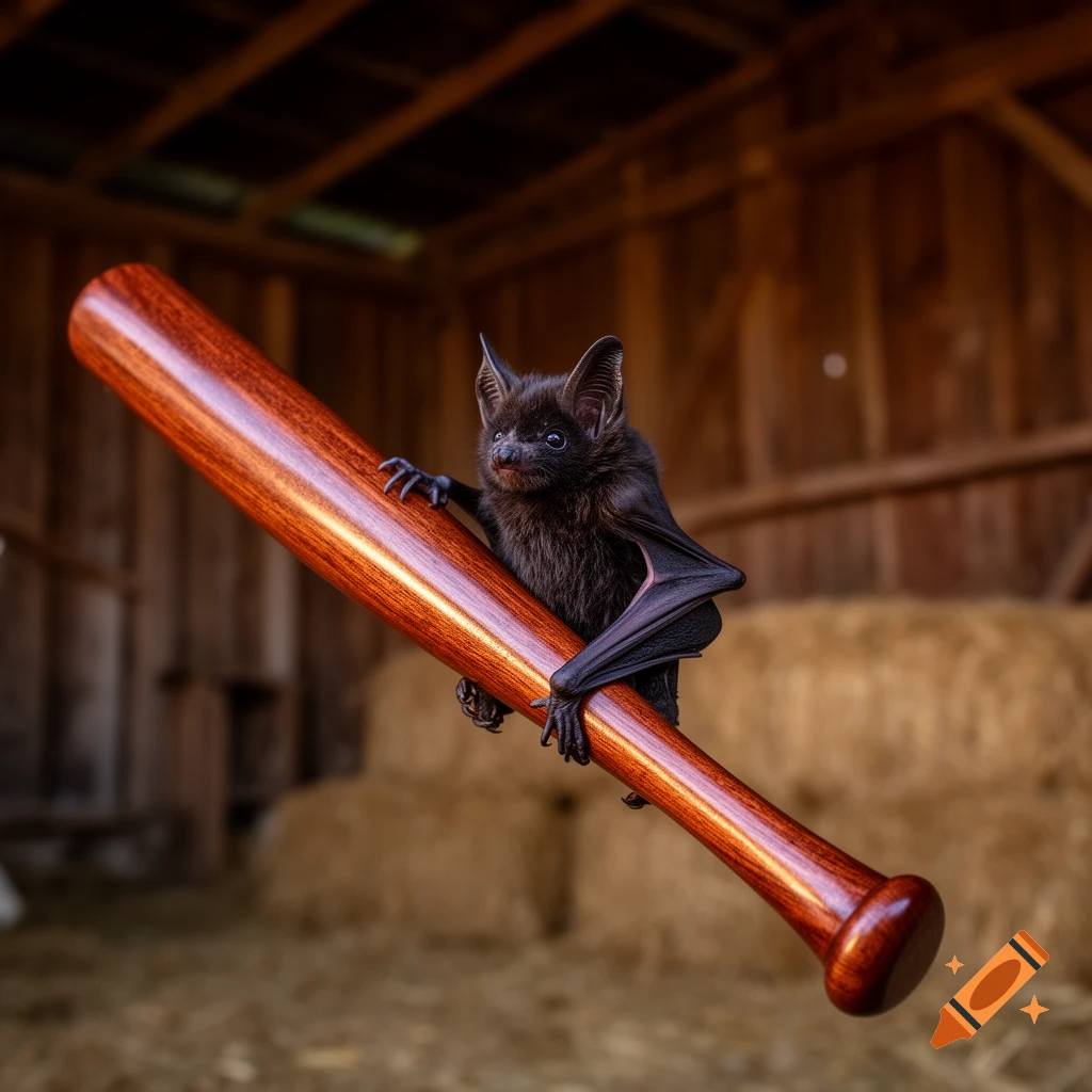 A small, dark-furred bat clings to a shiny wooden baseball bat in a rustic barn.