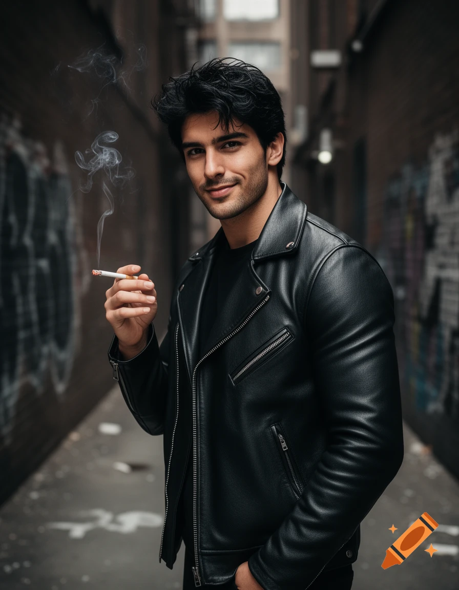 A young man with dark, messy hair and a leather jacket smiles slightly while holding a lit cigarette in an alleyway with graffiti.