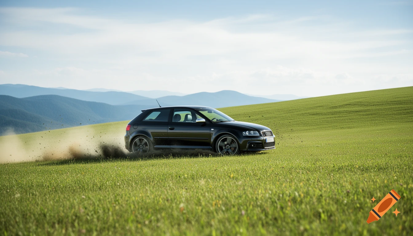 A black Audi S3 hatchback drifts on a lush green hillside, kicking up dust and dirt. Rolling blue mountains are in the background under a partly cloudy sky.
