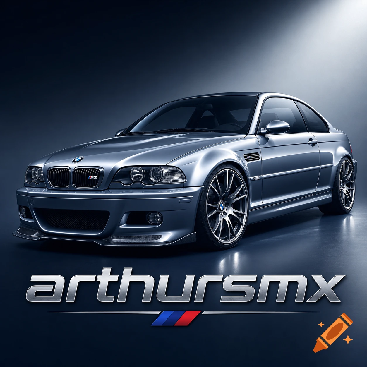A silver BMW M3 coupe studio shot with 'arthursmx' logo and BMW emblem.
