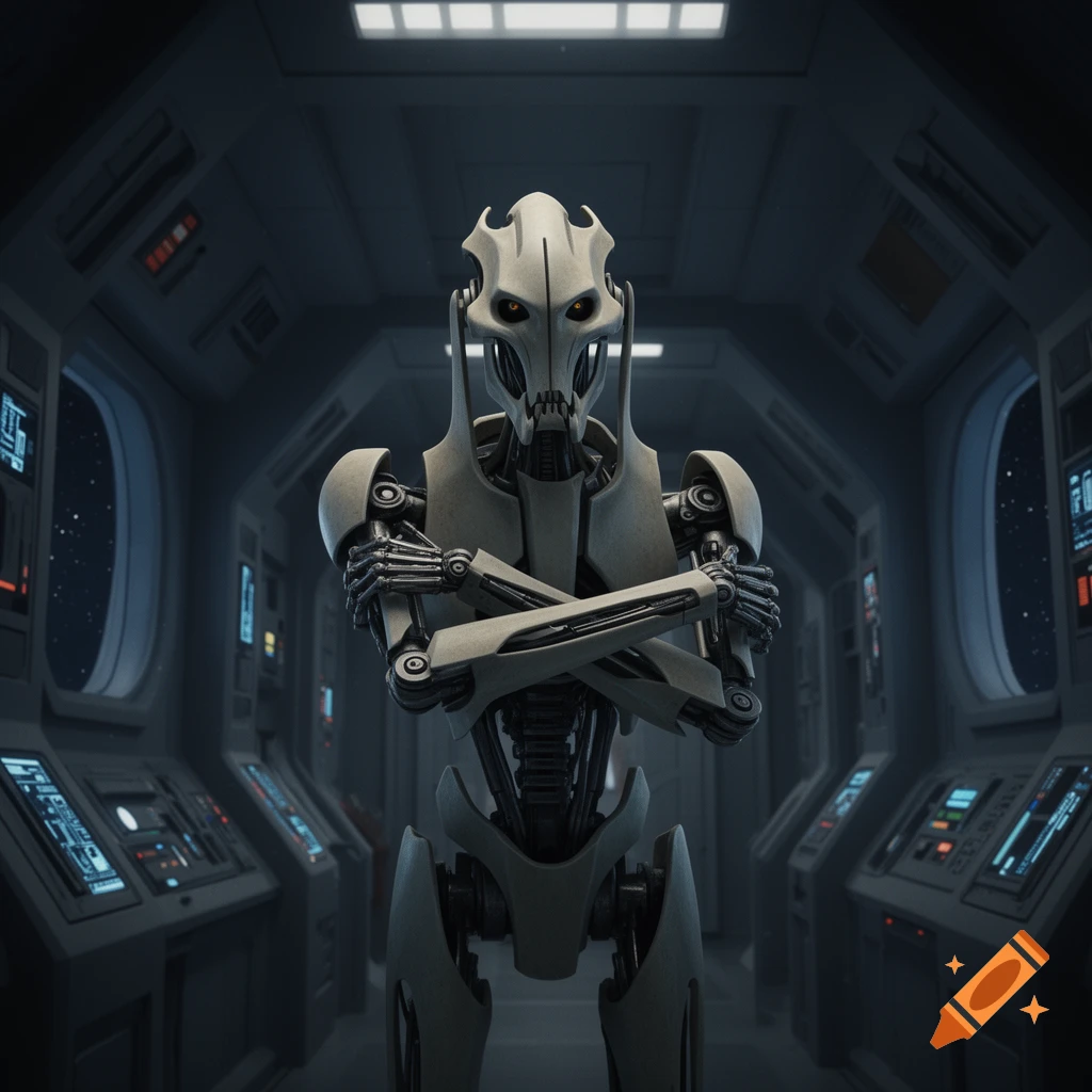 General Grievous stands with crossed arms in a spaceship cockpit.